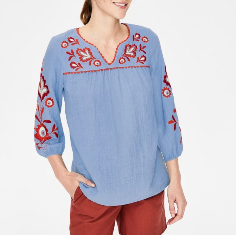 Boden Abigail Embroidered Blouse Top Gauze Floral Boho Blue Crinkle boho - Picture 10 of 11